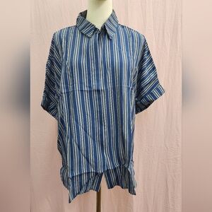 UO Stripe Short Sleeve Drop Shoulder Hidden Button Collard Shirt- Medium NEW
